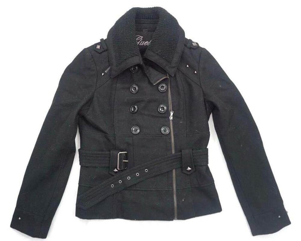 GUESS USED WOMEN M BLACK FITTED ZIP UP/BUTTONS STUDDED BELTED WOOL JACKET MOTO